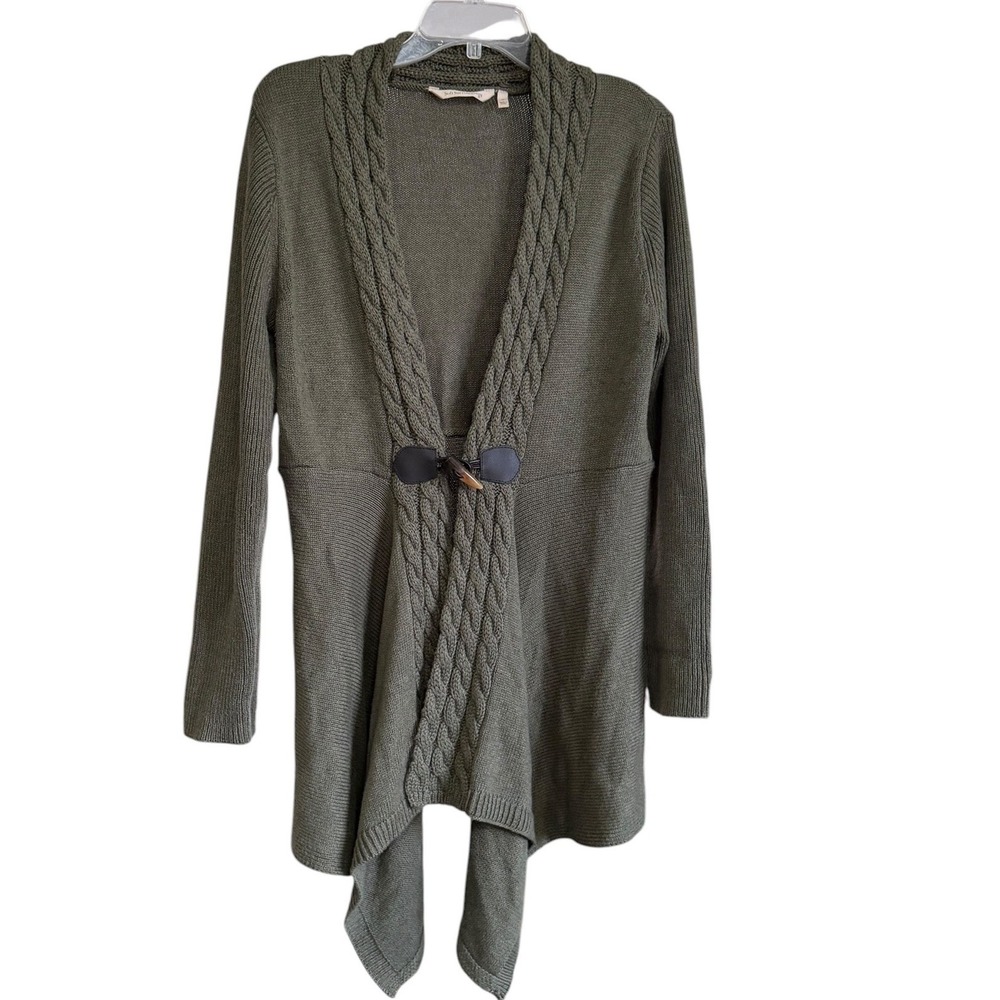 Soft Surroundings Olive Green Cable Knit Toggle Handkerchief Hem Cardigan Chunky